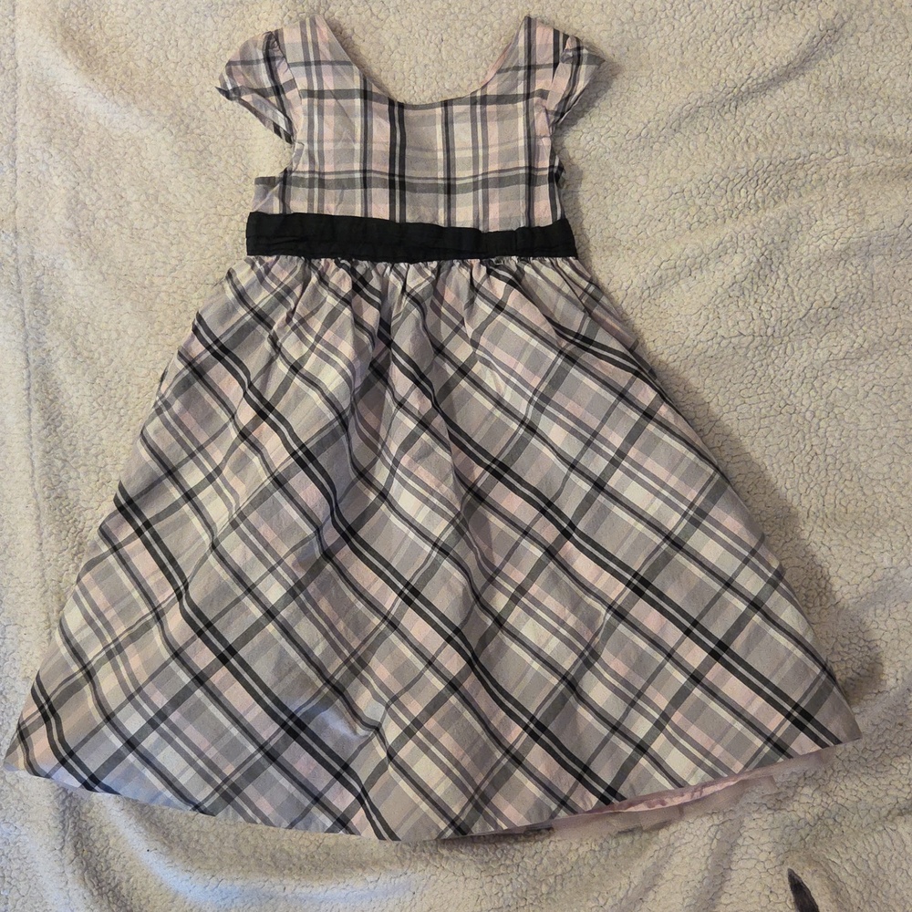 Girls Plaid Fit-and-Flare Dress with Black Waistband - Pink/Gray